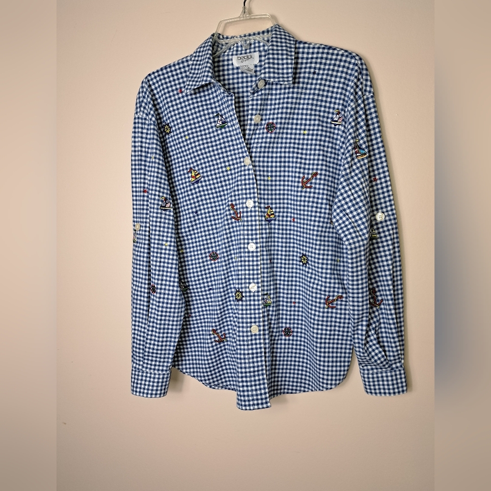 TEDDI Vintage Blue & White Gingham With Nautical Embroidery & Roll Tab Sleeves